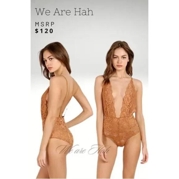 NWT We are HAH x Free People Comin' In HAHt Lace Bodysuit Brown Sugar | Size S - Picture 1 of 7